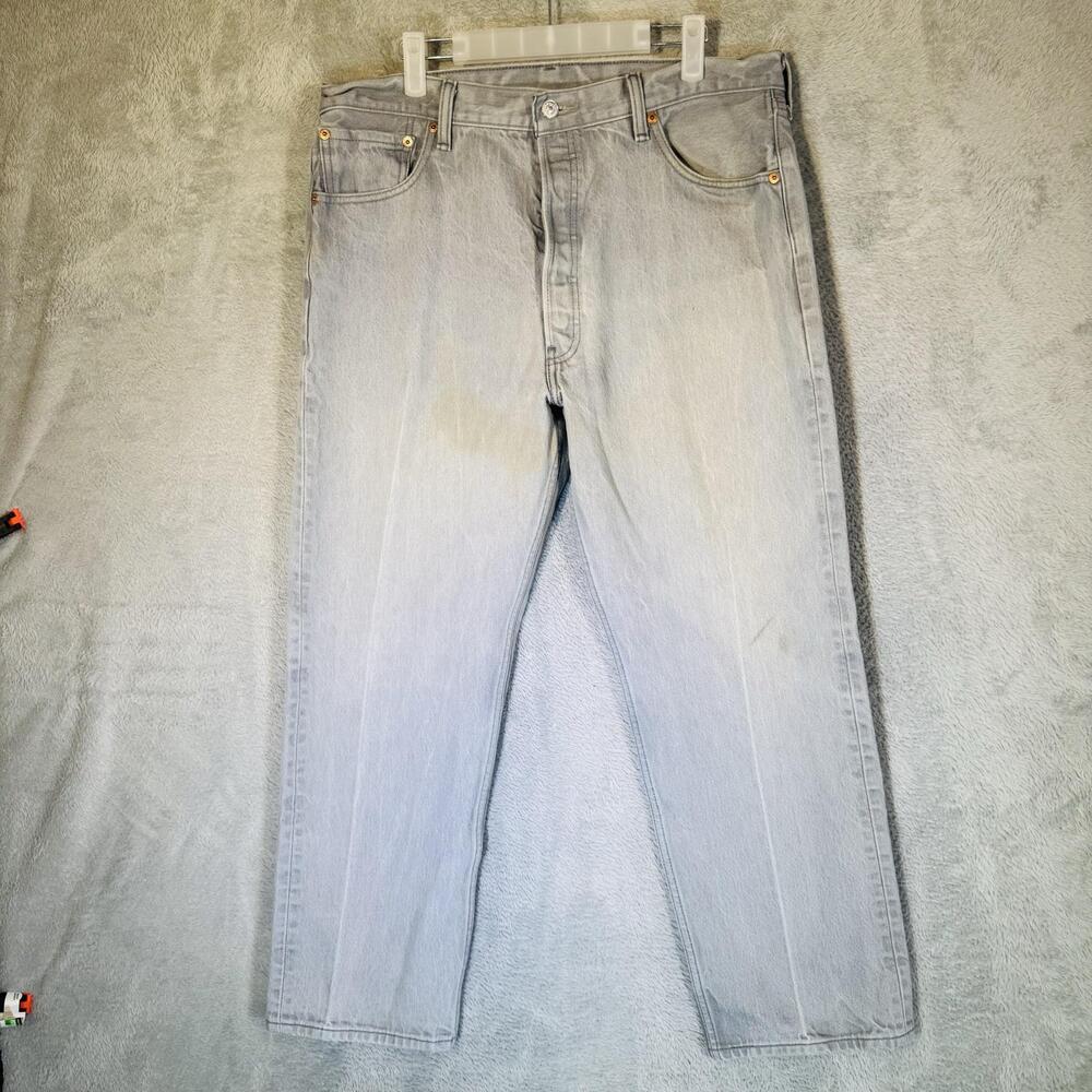 Levis 501 Jeans Mens 38x28 Light Wash Gray Denim Regular Fit Straight Button Fly